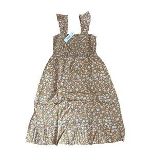 The Drop Dress Wm Lg Floral Smocked Midi Dress Ruffled Straps Cotton Beige NEW